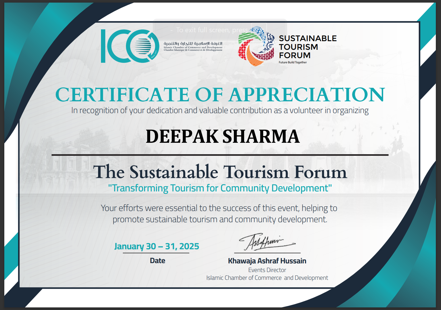 Sustainable Tourism Forum Certificate